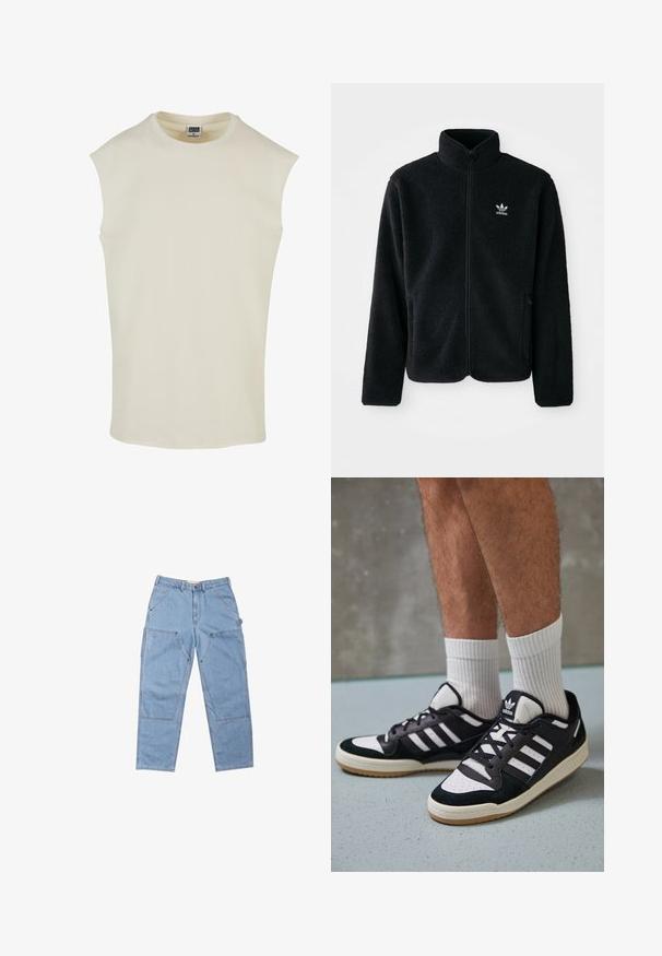 Must värviline fleecedee peasärk kõrge kraega, tõmblukuga esiosa ja esikotid. Omab tekstuuriga kangast ja väikest valget logo vasakul rinnal.; Bež ilma varrukatega puuvillane topp ümmarguse kaelusega ja ümarate servadega. Sile tekstuur, minimalistik disain, ilma mustrite või kaunistusteta.; Heledsinised teksad, millel on mugav lõige, mitu taskut, kontrastsed õmblused ja kerge pesuefekt tekstuuri jaoks.; Mustvalged ja valged spordijalatsid, mille pealmine osa on valmistatud suede'ist ja nahast. Kingadel on kolm valget riba, auguline varvas ja kummist tald.