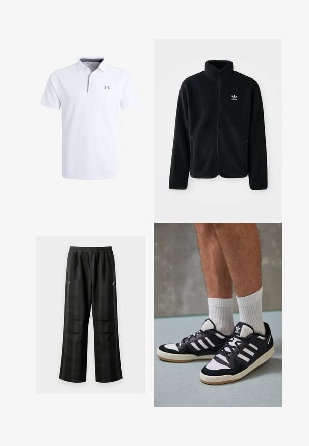 Casaco de fleece preto com gola alta, fecho de correr à frente e bolsos frontais. Apresenta um tecido texturizado e um pequeno logo branco no lado esquerdo do peito.; Camisa polo branca com um tecido texturado, mangas curtas e colarinho com fecho. Inclui um logo cinza no lado esquerdo do peito.; Calças pretas em padrão xadrez com cintura elástica, dois bolsos frontais e um ajuste solto com design de perna reta. Feitas de material leve.; Ténis em preto e branco com upper em camurça e couro, apresentando três riscas brancas, um toe perfurado e uma sola em borracha de goma.