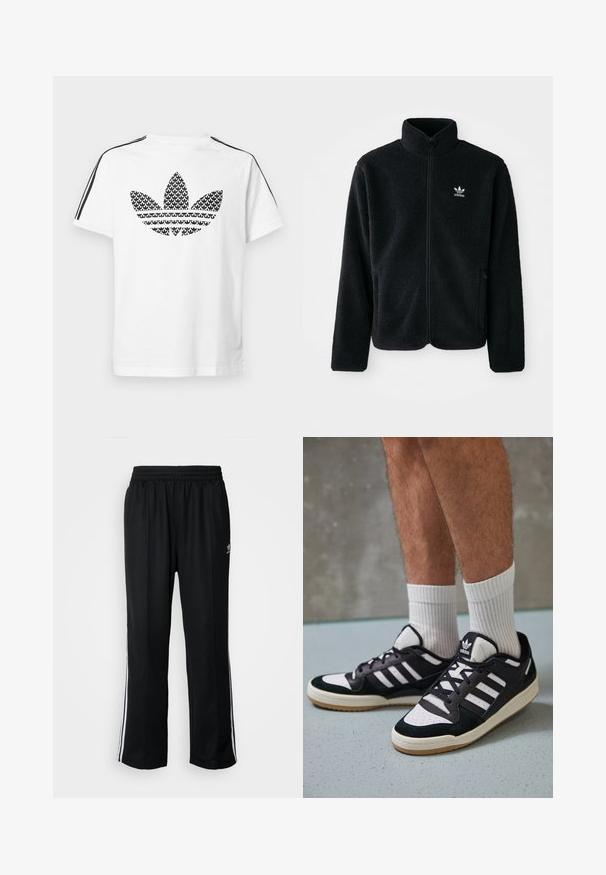 Must värviline fleecedee peasärk kõrge kraega, tõmblukuga esiosa ja esikotid. Omab tekstuuriga kangast ja väikest valget logo vasakul rinnal.; Valge puuvillane T särk musta kolmesirutusega logoga esiküljel, koos mustade triipudega mööda õlgu aktsendiks.; Mustad mustad spordipüksid elastse vöökohaga, millel on valged küljeread ja väike logo. Materjal tundub pehme ja kerge.; Mustvalged ja valged spordijalatsid, mille pealmine osa on valmistatud suede'ist ja nahast. Kingadel on kolm valget riba, auguline varvas ja kummist tald.