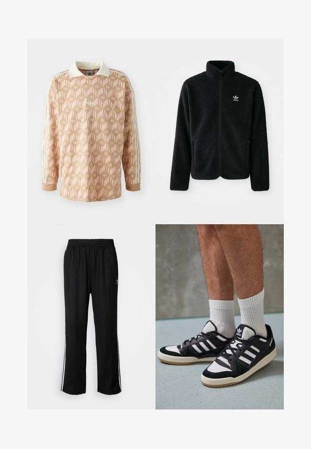 Casaco de fleece preto com gola alta, fecho de correr à frente e bolsos frontais. Apresenta um tecido texturizado e um pequeno logo branco no lado esquerdo do peito.; Camisa de manga longa em um tom pêssego claro com um padrão geométrico. Apresenta um colarinho branco e três riscas creme em cada manga.; Calças atléticas pretas com um cós elástico, apresentando riscas brancas laterais e um pequeno logótipo. O material parece macio e leve.; Ténis em preto e branco com upper em camurça e couro, apresentando três riscas brancas, um toe perfurado e uma sola em borracha de goma.