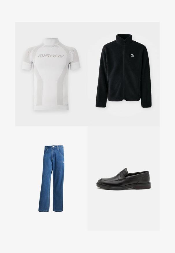 Veste en polaire noire avec col haut, fermeture éclair à l'avant et poches перед тобой. Présente un tissu texturé et un petit logo blanc sur la poitrine gauche.; T-shirt de sport blanc à manches courtes, col haut et lignes verticales subtiles. Présente le logo "MISBHV" en gris clair sur le devant.; Jean en denim bleu taille haute, jambes larges, avec poches avant, passants de ceinture, fermeture à bouton et petit logo Adidas sur la cuisse droite.; Mocassins en cuir noir avec un détail de couture à l'avant, deux sangles horizontales sur le dessus, et un talon en bois. Texture lisse et forme arrondie.