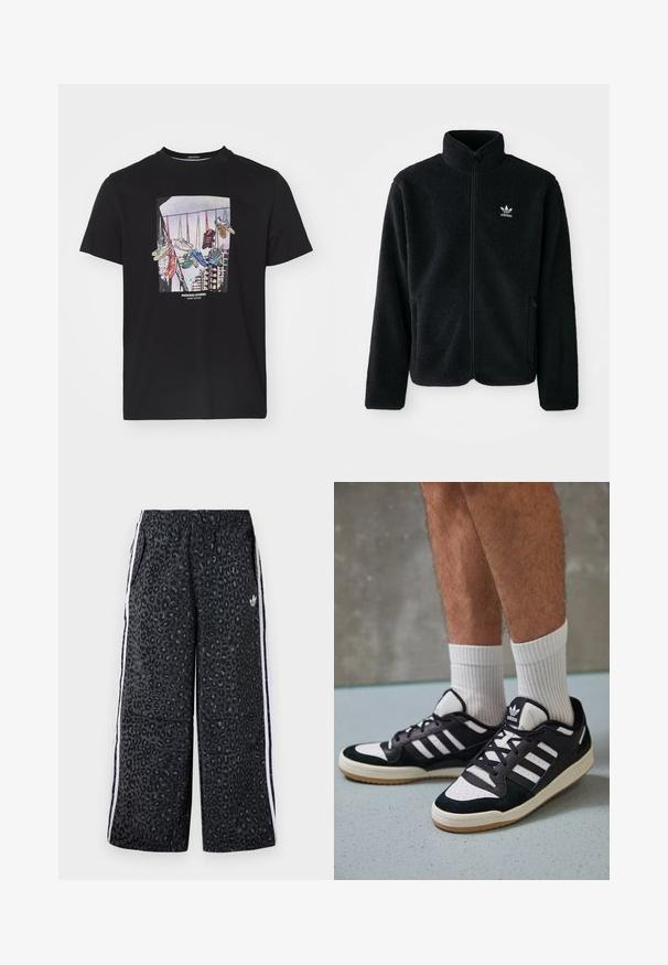 Jachetă din fleece neagră cu guler înalt, fermoar pe față și buzunare frontale. Caracteristici ale materialului texturat și un mic logo alb pe pieptul stâng.; Tricou din bumbac negru cu un grafic ce ilustrează adidași atârnați de un fir, pe un fundal deschis, având textul "WEEKEND OFFENDER" dedesubt.; adidas Originals GRAPHIC UNISEX - Pantaloni de trening - black; Adidași negri și albi cu un superior din suede și piele, prevăzuți cu trei dungi albe, un vârf perforat și o talpă din cauciuc caramel.