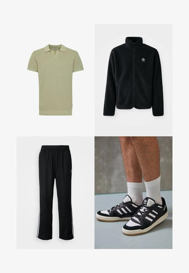 Czarna polarowa kurtka z wysokim kołnierzem, zamek z przodu i kieszeniami z przodu. Posiada teksturowany materiał i małe białe logo na lewej piersi.; Koszulka polo z krótkim rękawem w jasnym zielonym kolorze, z dzianiny, z dekoltem w kształcie V, kontrastowym kołnierzykiem i ribbowymi detalami przy dolnej krawędzi.; Czarne sportowe spodnie z elastycznym paskiem w talii, z białymi paskami po bokach i małym logo. Materiał wydaje się miękki i lekki.; Czarno-białe sneakersy z zamszową i skórzaną cholewką, z trzema białymi paskami, perforowanym czubkiem i gumową podeszwą w kolorze gumy.