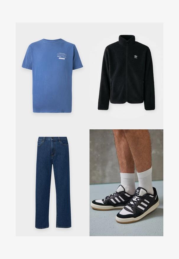 Svart fleecejakke med høy krage, glidelås foran og frontlommer. Har strukturert stoff og liten hvit logo på venstre bryst.; Blå t-skjorte med korte ermer og liten hvit tekst "OBEY Perpetual Persistent movement" på venstre bryst.; Mørkeblå rette jeans i denim med frontlommer og knappelukking, vist på en enkel hvit bakgrunn.; Sorte og hvite sneakers med overdel i semsket skinn og lær, med tre hvite striper, perforert tå og en såle av gummi.
