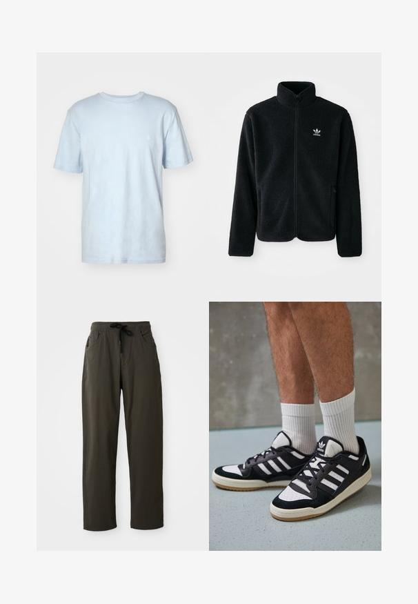 Must värviline fleecedee peasärk kõrge kraega, tõmblukuga esiosa ja esikotid. Omab tekstuuriga kangast ja väikest valget logo vasakul rinnal.; Hele halli puuvillane t-särk ümmarguse kaelusega, lühikeste varrukatega ning vasakul rinnal väike valge logo tikandina.; Tumed roheline, kergest kangast püksid, mis on pehmed. Neil on elastne vöökoht, reguleeritava paelaga ja kaks küljetaskut.; Mustvalged ja valged spordijalatsid, mille pealmine osa on valmistatud suede'ist ja nahast. Kingadel on kolm valget riba, auguline varvas ja kummist tald.