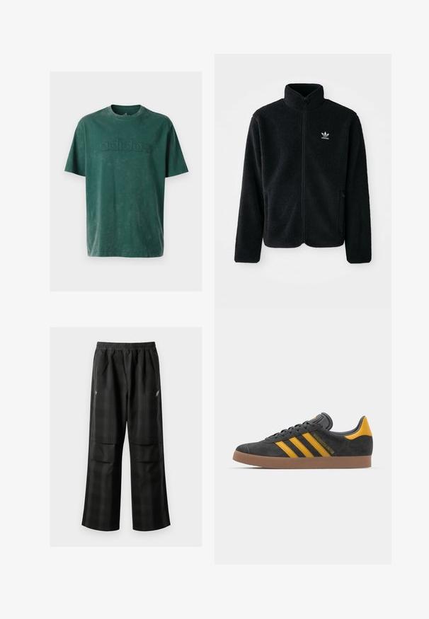 Černá fleecová bunda s vysokým límcem, předním zipem a předními kapsami. Disponuje strukturovanou tkaninou a malým bílým logem na levé hrudi.; Tmavě zelené bavlněné tričko s kulatým výstřihem, krátkými rukávy a embosovaným logem "adidas" na hrudi ve stejném odstínu.; Černé kostkované kalhoty s elastickým pasem, dvěma předními kapsami a volným střihem se rovnými nohavicemi. Vyrobeny z lehkého materiálu.; Černé semišové tenisky se žlutými akcenty, vybavené třemi pruhy a hnědou gumovou podrážkou. Obsahují polstrovaný jazyk pro pohodlí.