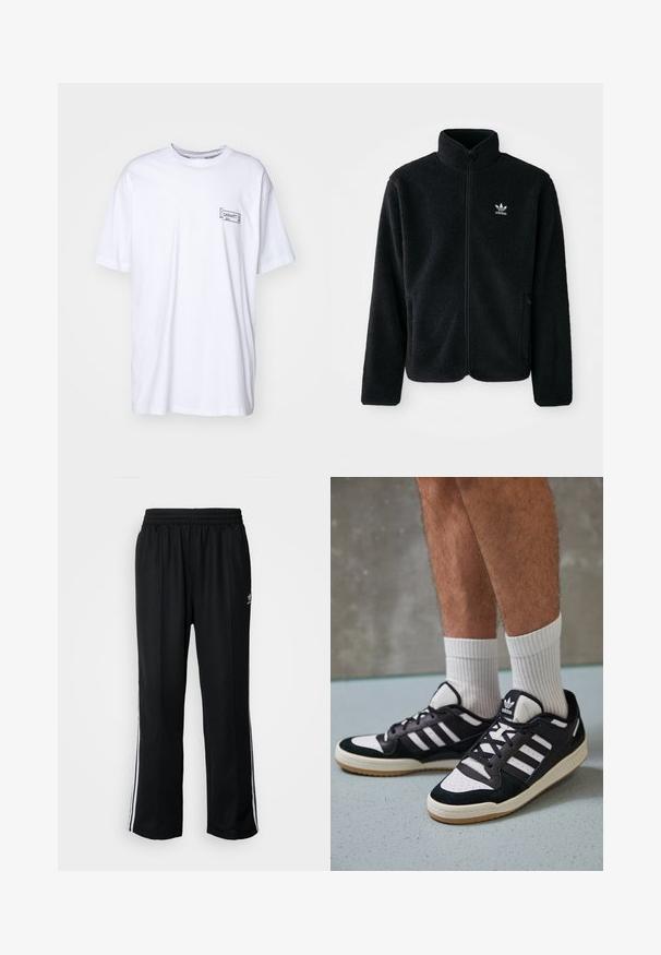 Črna flis jakna z visokim ovratnikom, z zadrgo spredaj in sprednjimi žepi. Ima strukturno blago in majhno belo logo na levi strani prsnega koša.; Carhartt WIP STAMP - Potiskana majica - white/black; Črne atletske hlače z elastičnim pasom, ki imajo bele stranske črte in majhen logo. Material izgleda mehak in lahek.; Črno-bele superge z zgornjim delom iz usnja in nubuka, ki imajo tri bele črte, perforiran vrh prstov in podplat iz gume.
