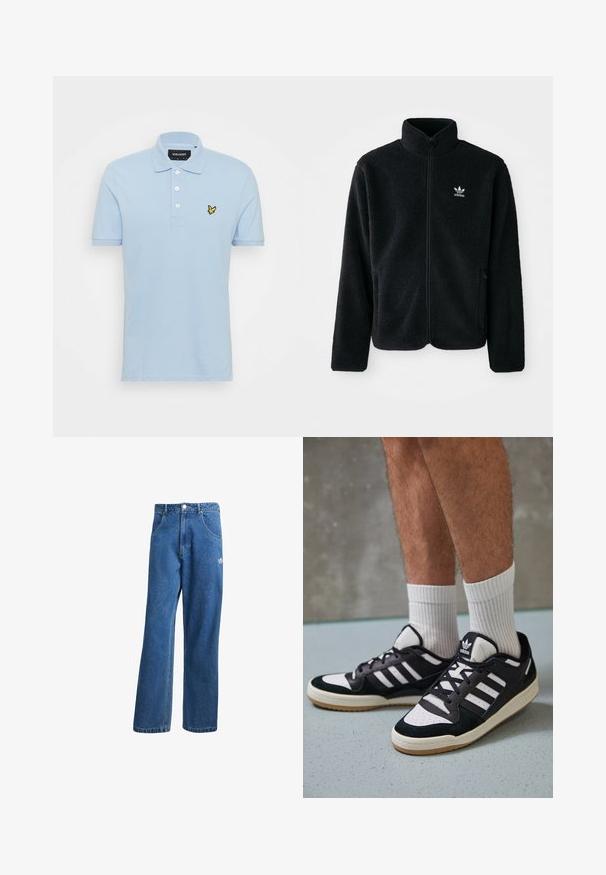 Juodas fliso džemperis su aukštu apykakle, užtrauktuku priekyje ir priekinėmis kišenėmis. Ypatybės: tekstūruota medžiaga ir mažas baltas logotipas kairėje krūtinės pusėje.; Šviesiai mėlynas polo marškinėlis, pagamintas iš medvilnės, su trimis mygtukais, trumpomis rankovėmis ir maža geltona siuvinėta logo krūtinėje.; Mėlynos aukštu liemeniu plačios džinsinės kelnės su priekinėmis kišenėmis, diržo kilpos, sagčių uždarymu ir mažu Adidas logotipu dešinėje šlaunyje.; Juodos ir baltos sportinės bateliai su zomšiniu ir odiniu viršumi, su trimis baltomis juostelėmis, perforuota koja ir guminėmis padais.