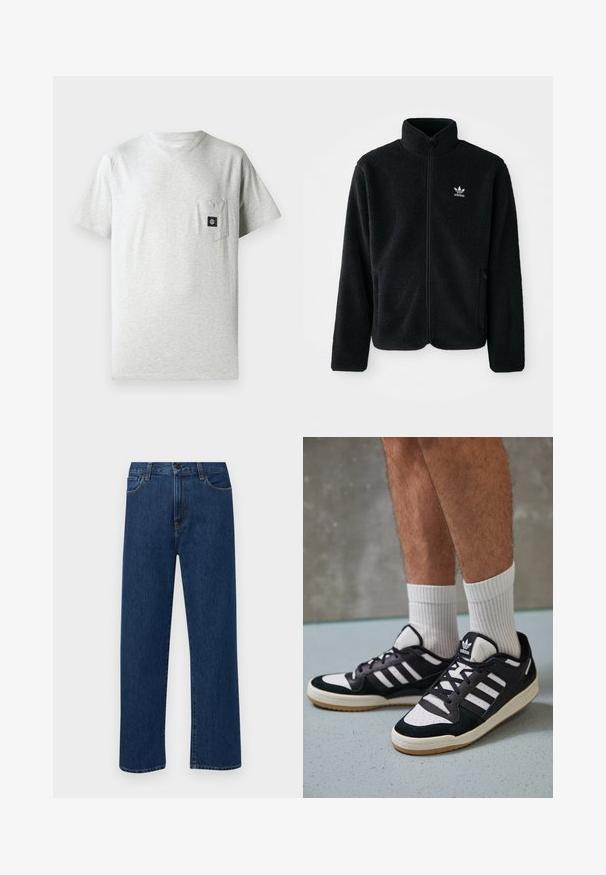 Črna flis jakna z visokim ovratnikom, z zadrgo spredaj in sprednjimi žepi. Ima strukturno blago in majhno belo logo na levi strani prsnega koša.; Moška siva bombažna majica s krožnim ovratnikom, kratkimi rokavi in žepom na levi prsni strani, ki ima majhen črn logotip.; Temno modri jeans ravne krojenje z naprsnimi žepi in gumbom za zapiranje, prikazani na enostavni beli podlagi.; Črno-bele superge z zgornjim delom iz usnja in nubuka, ki imajo tri bele črte, perforiran vrh prstov in podplat iz gume.