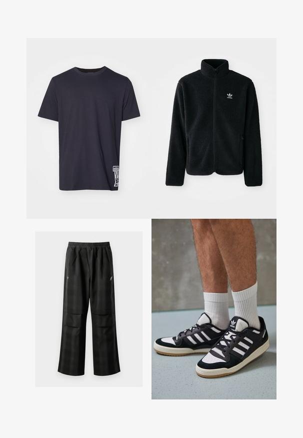 Casaco de fleece preto com gola alta, fecho de correr à frente e bolsos frontais. Apresenta um tecido texturizado e um pequeno logo branco no lado esquerdo do peito.; T-shirt de algodão preto com decote redondo, mangas curtas e um emblema branco na parte inferior. Textura suave, ajuste regular.; Calças pretas em padrão xadrez com cintura elástica, dois bolsos frontais e um ajuste solto com design de perna reta. Feitas de material leve.; Ténis em preto e branco com upper em camurça e couro, apresentando três riscas brancas, um toe perfurado e uma sola em borracha de goma.