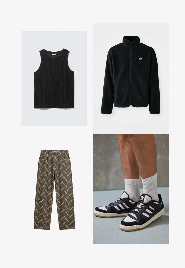 Jachetă din fleece neagră cu guler înalt, fermoar pe față și buzunare frontale. Caracteristici ale materialului texturat și un mic logo alb pe pieptul stâng.; Top negru fără mâneci cu o textură ribbed, decolteu rotund și o tivă dreaptă. Eticheta spune "WEEKDAY" la decolteu.; Pantaloni din denim khaki cu un model de pene pe toată suprafața în bej deschis. Croi larg, cu buzunare standard și detalii de cusătură în contrast.; Adidași negri și albi cu un superior din suede și piele, prevăzuți cu trei dungi albe, un vârf perforat și o talpă din cauciuc caramel.