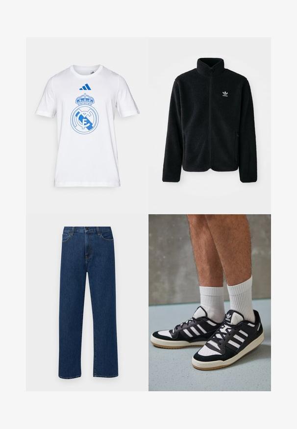 Black fleece jacket with high collar, zip front, and front pockets. Features textured fabric and small white logo on left chest.; White cotton t-shirt featuring a blue Real Madrid logo and crown design. Includes blue Adidas branding on the upper chest. Short sleeves.; Dark blue straight-leg denim jeans with front pockets and a button closure, displayed on a plain white background.; Black and white sneakers with a suede and leather upper, featuring three white stripes, a perforated toe, and a gum rubber sole.