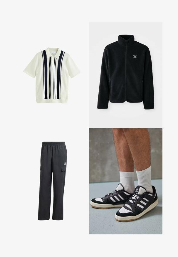 Zwarte fleece jacket met hoge kraag, ritssluiting aan de voorkant en voorzakken. Kenmerkt zich door textuurstof en een klein wit logo op de linkerborst.; Kortärmige poloshirt in crème met marineblauwe verticale strepen, voorzien van een kraag en een drieknopenlijst. Geweven textuur over het gehele shirt.; Zwarte cargobroek met een elastische tailleband, twee zijzakken en een subtiel logo op de linker dij. Gemaakt van een lichtgewicht stof.; Zwart-witte sneakers met een bovenwerk van suede en leer, voorzien van drie witte strepen, een geperforeerde neus en een rubberen gumzool.