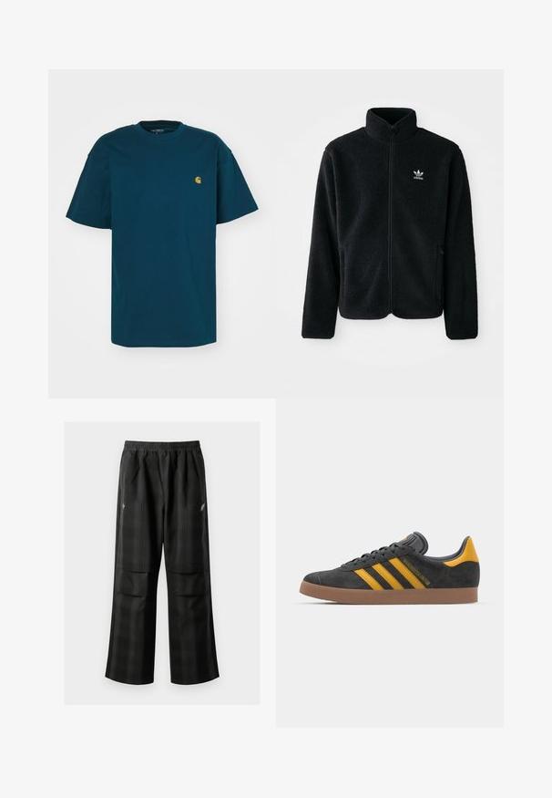 Sort fleecejakke med høj krave, lynlås foran og frontlommer. Har tekstureret stof og lille hvidt logo på venstre bryst.; Carhartt WIP CHASE - T-shirts basic - duck blue/gold; Sorte ternede bukser med elastisk talje, to forlommer og en løs pasform med lige ben. Fremstillet af letvægtsmateriale.; Sort suedet sneaker med gule accenter, der har tre striber og en brun gummisål. Inkluderer en polstret tunge for komfort.