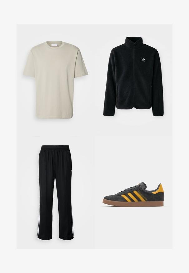 Svart fleecejakke med høy krage, glidelås foran og frontlommer. Har strukturert stoff og liten hvit logo på venstre bryst.; Lindbergh O NECK TEE OVERSIZE - T-shirts - light khaki; Sorte treningsbukser med elastisk midjebånd, med hvite sidestiper og en liten logo. Materialet ser mykt og lett ut.; Sort skinnesko i svart semsket skinn med gule detaljer, med tre striper og en brun gummisåle. Inkluderer en polstret tunge for komfort.