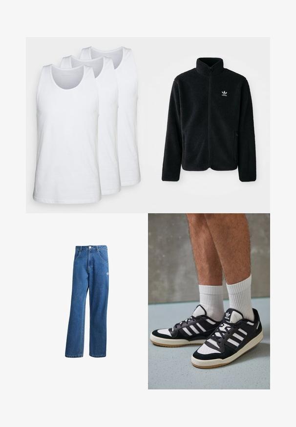 Svart fleecejakke med høy krage, glidelås foran og frontlommer. Har strukturert stoff og liten hvit logo på venstre bryst.; Pakk med tre hvite tank-topper laget av bomull, med rund hals og uten ermer, glatt tekstur og standard passform.; Blå høyhalsede vide denimjeans med frontlommer, belteholdere, knappelukking og liten Adidas-logo på høyre lår.; Sorte og hvite sneakers med overdel i semsket skinn og lær, med tre hvite striper, perforert tå og en såle av gummi.