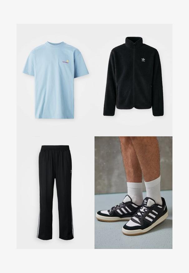 Czarna polarowa kurtka z wysokim kołnierzem, zamek z przodu i kieszeniami z przodu. Posiada teksturowany materiał i małe białe logo na lewej piersi.; Jasnoniebieska, krótko rękawowa koszulka z bawełny, z okrągłym dekoltem i małym, wielokolorowym logo Carhartt na lewej piersi.; Czarne sportowe spodnie z elastycznym paskiem w talii, z białymi paskami po bokach i małym logo. Materiał wydaje się miękki i lekki.; Czarno-białe sneakersy z zamszową i skórzaną cholewką, z trzema białymi paskami, perforowanym czubkiem i gumową podeszwą w kolorze gumy.