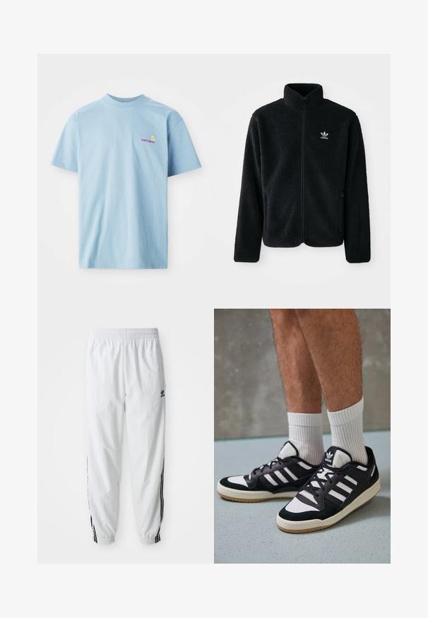 Must värviline fleecedee peasärk kõrge kraega, tõmblukuga esiosa ja esikotid. Omab tekstuuriga kangast ja väikest valget logo vasakul rinnal.; Heledsinine lühikeste varrukatega puuvillane T-särk, millel on ümmargune kaelus ja vasakul rinnal väike multicolore Carhartti logo.; Valged sportlikud püksid mustade küljeribadega, elastne vöökoht ja sääreotsad; vasakul reiel Adidas logo. Sile kangatekstuur.; Mustvalged ja valged spordijalatsid, mille pealmine osa on valmistatud suede'ist ja nahast. Kingadel on kolm valget riba, auguline varvas ja kummist tald.