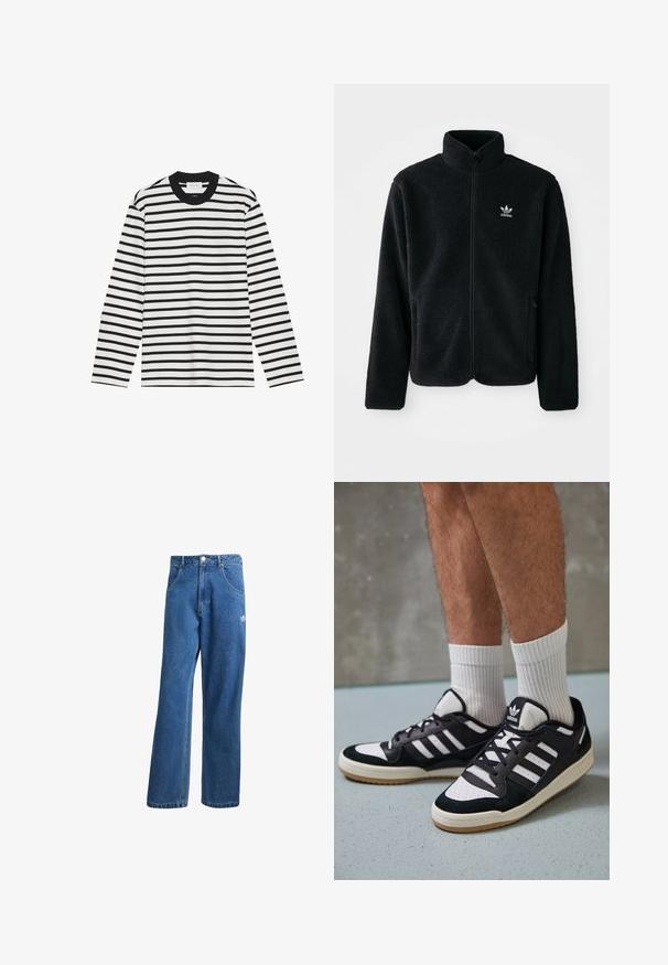 Zwarte fleece jacket met hoge kraag, ritssluiting aan de voorkant en voorzakken. Kenmerkt zich door textuurstof en een klein wit logo op de linkerborst.; Langarmshirt in zwart-witte strepen. Ribgebreide ronde hals en mouwen. Zacht materiaal met een consistent horizontaal patroon. Klassieke snit.; Blauwe hoge taille wijde spijkerbroek met voorzakken, riemlussen, knoopsluiting en klein Adidas-logo op de rechterdij.; Zwart-witte sneakers met een bovenwerk van suede en leer, voorzien van drie witte strepen, een geperforeerde neus en een rubberen gumzool.