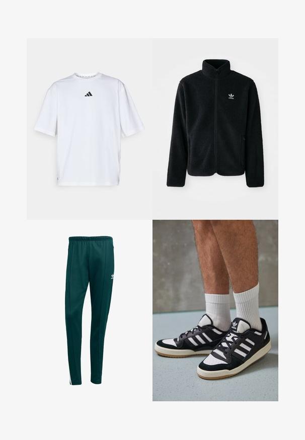 Black fleece jacket with high collar, zip front, and front pockets. Features textured fabric and small white logo on left chest.; White cotton t-shirt featuring a black Adidas logo on the chest, short sleeves, a crew neckline, and side slits at the hem.; Dark green athletic pants with a tapered fit, elastic waistband, side zip pockets, and white side stripes. Made of soft, breathable material.; Black and white sneakers with a suede and leather upper, featuring three white stripes, a perforated toe, and a gum rubber sole.
