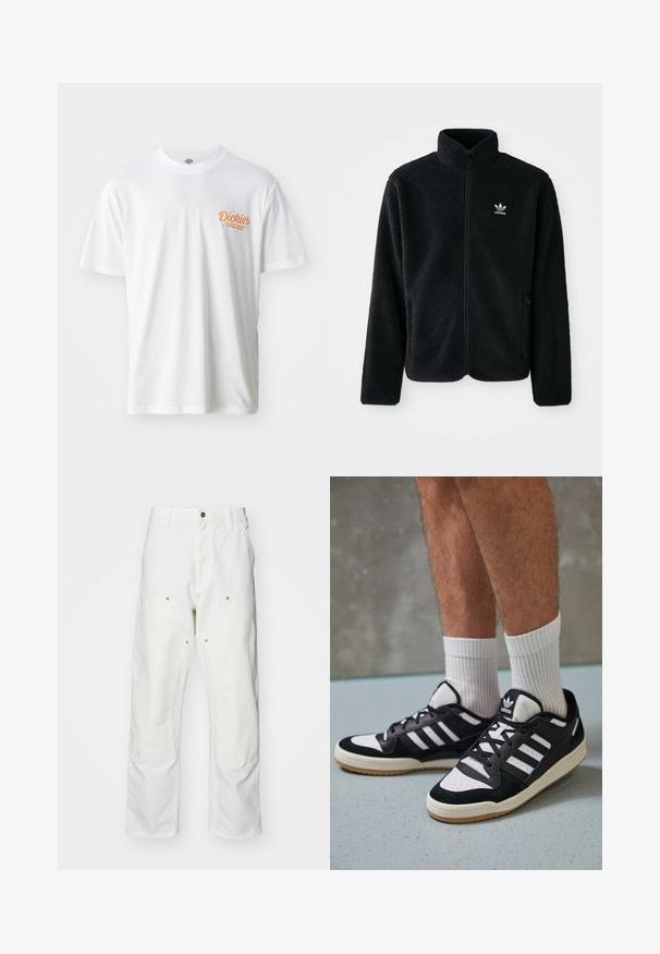 Casaco de fleece preto com gola alta, fecho de correr à frente e bolsos frontais. Apresenta um tecido texturizado e um pequeno logo branco no lado esquerdo do peito.; T-shirt de algodão branca com logótipo laranja bordado no lado esquerdo do peito, mangas curtas e um decote redondo clássico. Textura suave.; Calças cargo brancas em algodão com um corte descontraído. As características incluem bolsos frontais, detalhes em metal dourado e áreas de joelhos reforçadas.; Ténis em preto e branco com upper em camurça e couro, apresentando três riscas brancas, um toe perfurado e uma sola em borracha de goma.