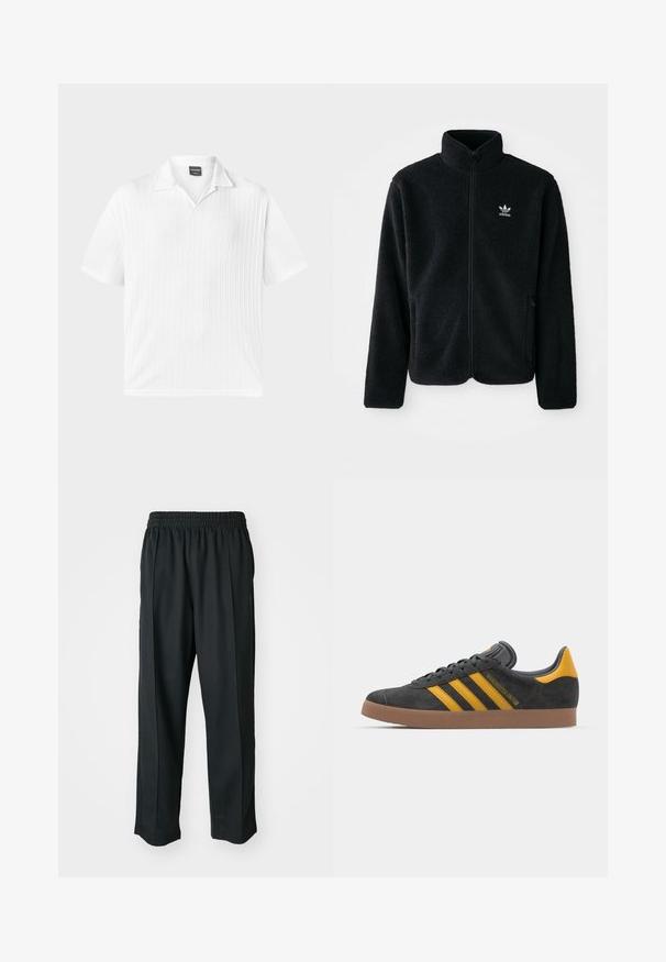 Zwarte fleece jacket met hoge kraag, ritssluiting aan de voorkant en voorzakken. Kenmerkt zich door textuurstof en een klein wit logo op de linkerborst.; Korte mouwen, witte polo shirt gemaakt van textiel met verticale ribbels; heeft een klassieke kraag en rechte zoom.; Zwarte sportbroek met een elastische tailleband, gemaakt van gladde stof, met subtiele zijnaad en een relaxte pasvorm, recht gesneden.; Zwarte suède sneakers met gele accenten, voorzien van drie strepen en een bruine rubberen zool. Inclusief een gevoerde tong voor comfort.
