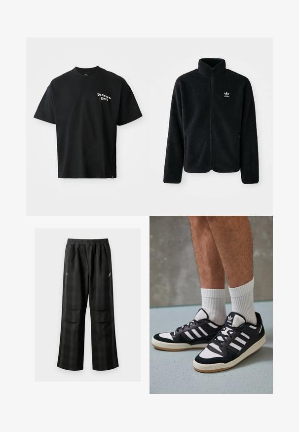 Svart fleecejacka med hög krage, blixtlås fram och framfickor. Har strukturtyg och en liten vit logotyp på vänster bröst.; Svart kortärmad t-shirt i bomull med lös passform. Har en vit "Dickies"-logotyp på framsidan. Rund halsringning, enfärgad.; Svarta rutiga byxor med elastisk midja, två framfickor och en lös passform med rak bendesign. Tillverkade av lätt material.; Svartvita sneakers med ovandel i mocka och läder, med tre vita ränder, perforerad tå och sula av gummigummi.