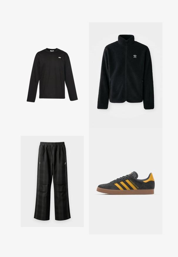 Svart fleecejakke med høy krage, glidelås foran og frontlommer. Har strukturert stoff og liten hvit logo på venstre bryst.; DEF EVERYDAY - Topper langermet - black; Svarte rutete bukser med elastisk midje, to frontlommer og løs passform med rett ben-design. Laget av lett materiale.; Sort skinnesko i svart semsket skinn med gule detaljer, med tre striper og en brun gummisåle. Inkluderer en polstret tunge for komfort.