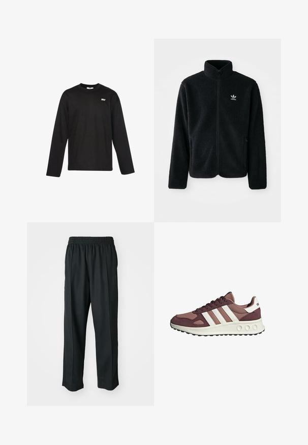 Czarna polarowa kurtka z wysokim kołnierzem, zamek z przodu i kieszeniami z przodu. Posiada teksturowany materiał i małe białe logo na lewej piersi.; DEF EVERYDAY czarny; Czarne spodnie sportowe z elastycznym pasem, wykonane z gładkiego materiału, z subtelnym przeszyciem po bokach i luźnym krojem, prostą nogawką.; Bordowe i jasnoróżowe sportowe sneakersy z siateczkową i zamszową cholewką, białym wzorem w trzy paski oraz grubą czarną gumową podeszwą zapewniającą przyczepność.