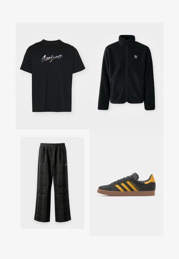 Chupa de forro polar negro con cuello alto, cierre frontal y bolsillos delanteros. Presenta tela texturizada y un pequeño logo blanco en el lado izquierdo del pecho.; Camiseta de algodón negra con un logo reflejante y estilizado de "Carhartt" en el centro, cuello redondo y mangas cortas con un corte relajado.; Pantalones de cuadros negros con cintura elástica, dos bolsillos frontales y un ajuste holgado con diseño de pierna recta. Fabricados en material ligero.; Zapatillas de ante negro con acentos amarillos, que presentan tres franjas y una suela de goma marrón. Incluyen una lengüeta acolchada para mayor comodidad.