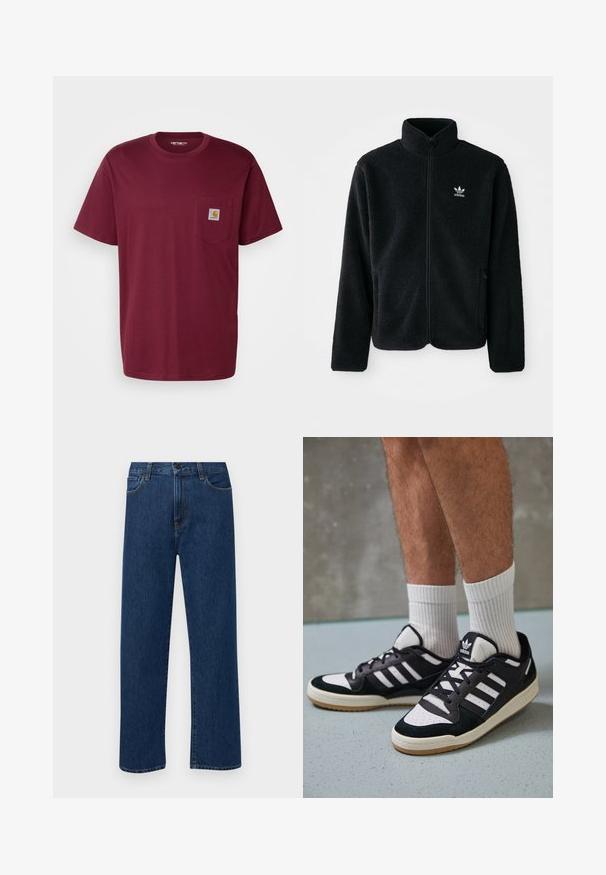 Juodas fliso džemperis su aukštu apykakle, užtrauktuku priekyje ir priekinėmis kišenėmis. Ypatybės: tekstūruota medžiaga ir mažas baltas logotipas kairėje krūtinės pusėje.; Carhartt WIP POCKET - Paprasti marškinėliai - malbec; Tamsiai mėlynos tiesaus žandikaulio džinsai su priekinėmis kišenėmis ir mygtuko uždarymu, rodantys ant paprasto balto fono.; Juodos ir baltos sportinės bateliai su zomšiniu ir odiniu viršumi, su trimis baltomis juostelėmis, perforuota koja ir guminėmis padais.