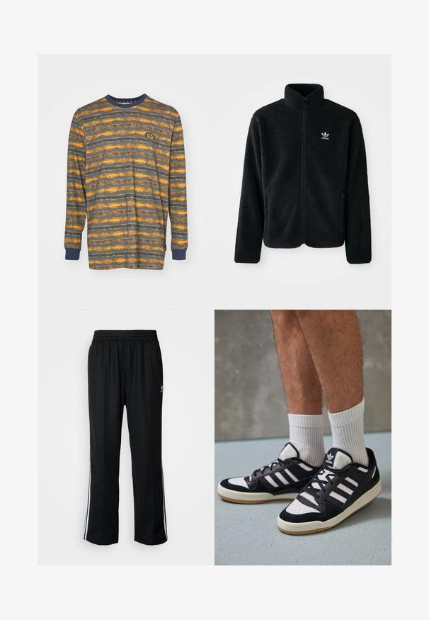 Black fleece jacket with high collar, zip front, and front pockets. Features textured fabric and small white logo on left chest.; Long-sleeve shirt with horizontal orange and gray stripes, cotton material, rounded neckline, and blue ribbed cuffs. Features a logo patch.; Black athletic pants with an elastic waistband, featuring white side stripes and a small logo. Material appears soft and lightweight.; Black and white sneakers with a suede and leather upper, featuring three white stripes, a perforated toe, and a gum rubber sole.