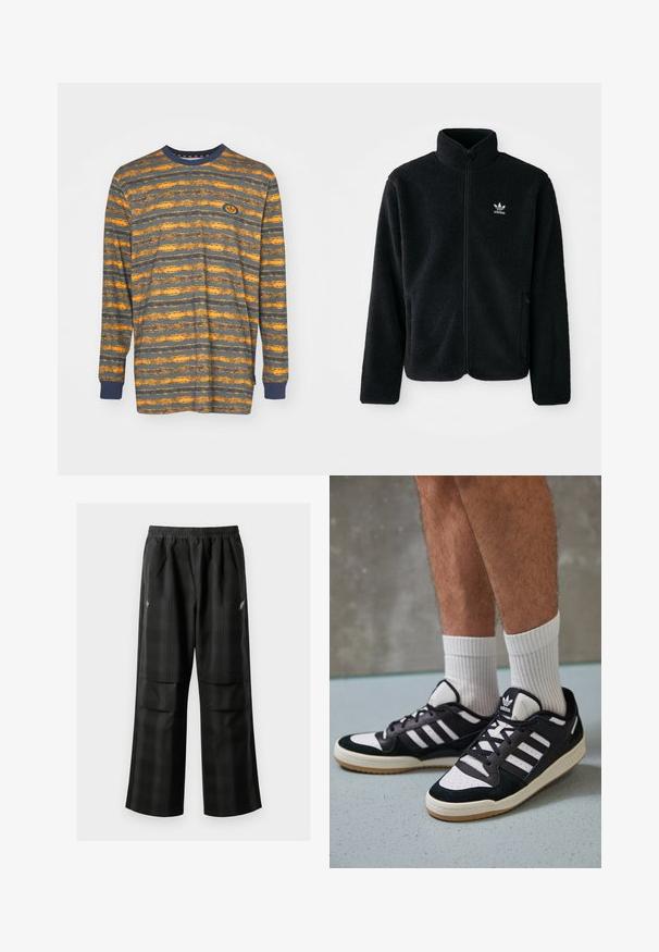 Fekete bolyhos dzseki magas gallérral, cipzáros elejével és elülső zsebeivel. Texturált anyaga és kis fehér logója van a bal mellen.; Hosszú ujjú póló vízszintes narancssárga és szürke csíkokkal, pamut anyagból, kerek nyakkivágással és kék bordás mandzsettákkal. Logo folt található rajta.; Fekete kockás nadrág, rugalmas derékkal, két elülső zsebbel és laza, egyenes szárú fazonnal. Könnyű anyagból készült.; Fekete-fehér tornacipők velúr és bőr felsőrésszel, három fehér csíkkal, perforált orral és gumi talppal.