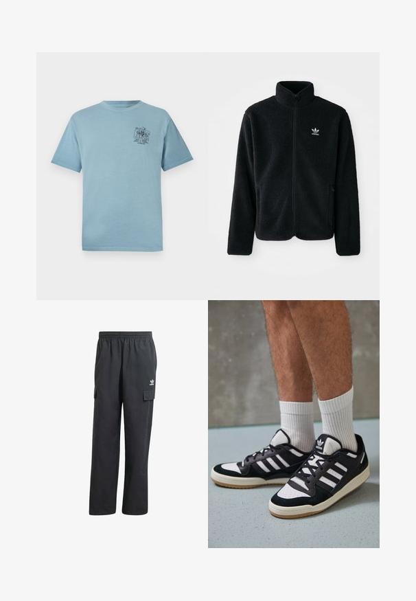 Jachetă din fleece neagră cu guler înalt, fermoar pe față și buzunare frontale. Caracteristici ale materialului texturat și un mic logo alb pe pieptul stâng.; Tricou din bumbac de culoare albastru deschis, cu o croială relaxată, având un grafic mic negru pe partea stângă a pieptului. Mâneci scurte și decolteu rotund.; Pantaloni cargo negri cu talie elastică, două buzunare laterale și un logo subtil pe coapsa stângă. Confecționați dintr-un material ușor.; Adidași negri și albi cu un superior din suede și piele, prevăzuți cu trei dungi albe, un vârf perforat și o talpă din cauciuc caramel.