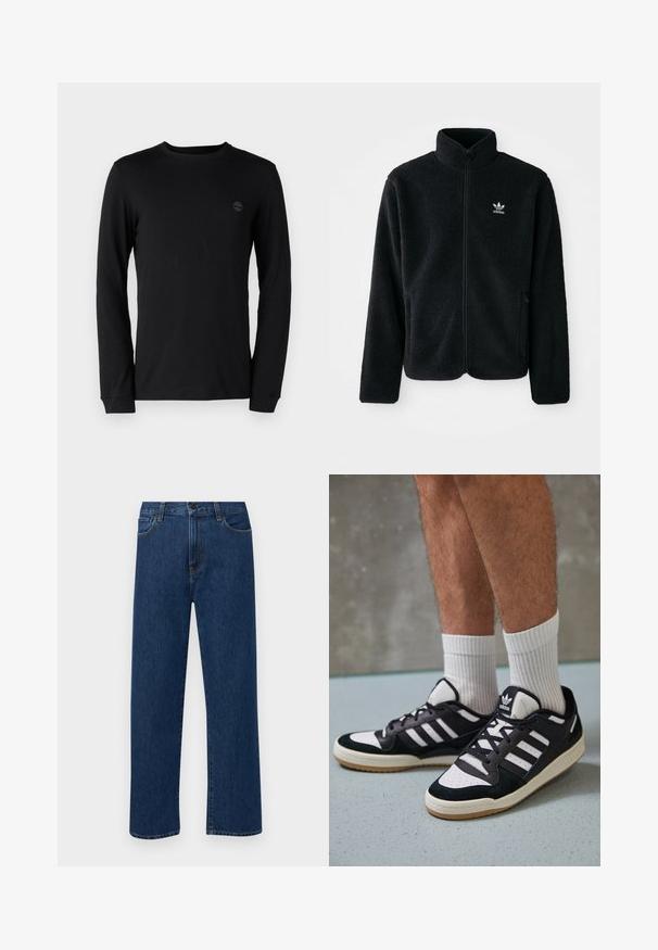 Juodas fliso džemperis su aukštu apykakle, užtrauktuku priekyje ir priekinėmis kišenėmis. Ypatybės: tekstūruota medžiaga ir mažas baltas logotipas kairėje krūtinės pusėje.; Juodas ilgomis rankovėmis marškinėliai, pagaminti iš minkštos medvilnės, su apvalia iškirpte ir subtiliu logotipu krūtinės srityje. Trumpas rankogalių užsegimas.; Tamsiai mėlynos tiesaus žandikaulio džinsai su priekinėmis kišenėmis ir mygtuko uždarymu, rodantys ant paprasto balto fono.; Juodos ir baltos sportinės bateliai su zomšiniu ir odiniu viršumi, su trimis baltomis juostelėmis, perforuota koja ir guminėmis padais.