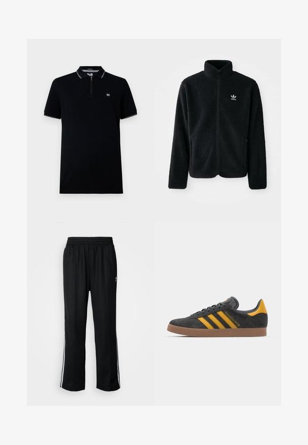 Must värviline fleecedee peasärk kõrge kraega, tõmblukuga esiosa ja esikotid. Omab tekstuuriga kangast ja väikest valget logo vasakul rinnal.; Must mustaga T-särk lühikeste varrukatega, lukuga kaelus, kontrastse krae ja varruka äärtega, valmistatud siledast kangast, millel on väike logo.; Mustad mustad spordipüksid elastse vöökohaga, millel on valged küljeread ja väike logo. Materjal tundub pehme ja kerge.; Mustad sametist spordijalatsid kollaste aktsentidega, millel on kolm triipu ja pruun kummitald. Mugavuse tagamiseks on neil pehmendatud keele osa.