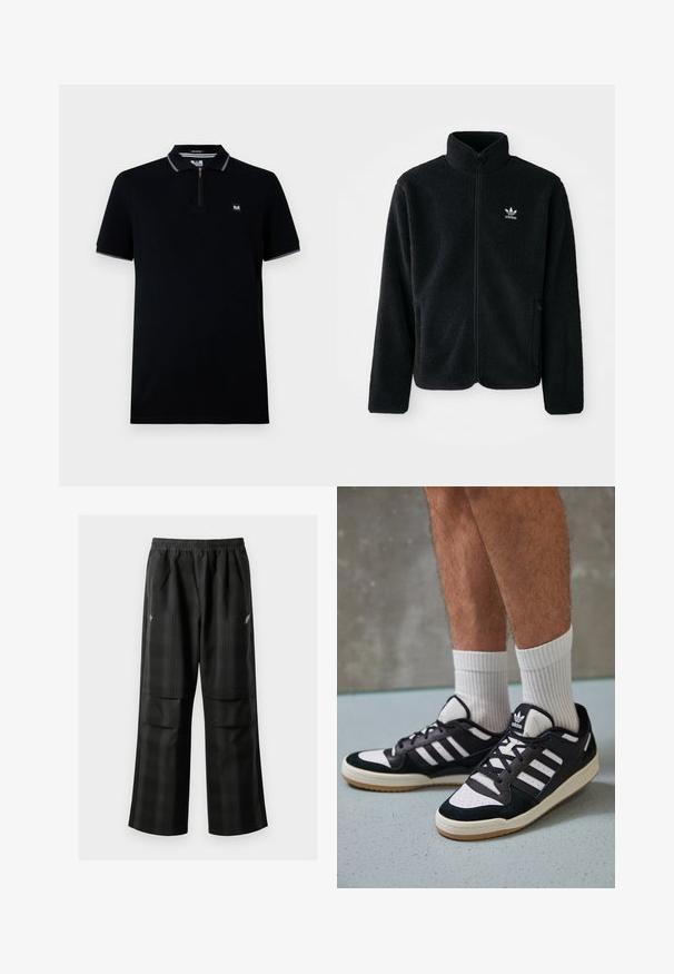 Czarna polarowa kurtka z wysokim kołnierzem, zamek z przodu i kieszeniami z przodu. Posiada teksturowany materiał i małe białe logo na lewej piersi.; Czarna koszulka polo z krótkim rękawem, zamek błyskawiczny, kontrastowy kołnierzyk oraz krawędzie rękawów, wykonana z gładkiego materiału, z małym logo.; Czarne spodnie w kratę z elastycznym pasem, dwoma przednimi kieszeniami i luźnym krojem ze prostymi nogawkami. Wykonane z lekkiego materiału.; Czarno-białe sneakersy z zamszową i skórzaną cholewką, z trzema białymi paskami, perforowanym czubkiem i gumową podeszwą w kolorze gumy.
