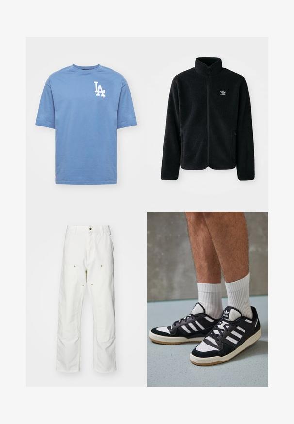 Chupa de forro polar negro con cuello alto, cierre frontal y bolsillos delanteros. Presenta tela texturizada y un pequeño logo blanco en el lado izquierdo del pecho.; New Era MLB LOS ANGELES DODGERS WORLD SERIES TEE - Equipación de clubes - blue/white; Pantalones cargo de algodón blancos con un corte relajado. Las características incluyen bolsillos frontales, detalles en dorado y secciones de rodilla reforzadas.; Zapatillas en blanco y negro con parte superior de ante y cuero, que presentan tres franjas blancas, una puntera perforada y una suela de goma.