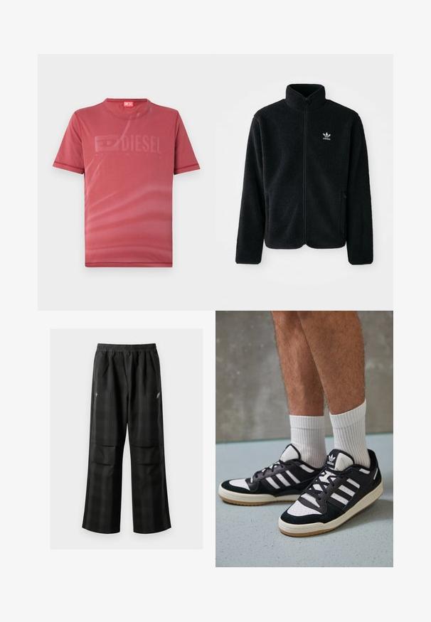 Must värviline fleecedee peasärk kõrge kraega, tõmblukuga esiosa ja esikotid. Omab tekstuuriga kangast ja väikest valget logo vasakul rinnal.; Punane lühikeste varrukatega T-särk siledast kangast, mille esiküljel on peenelt reljeefne "DIESEL" logo. Ümmargune kaelus ja õmmeldud äärised.; Mustas ruudulised püksid, millel on elastne vöökoht, kaks esimest taskut ja laiem lõige sirge jala disainiga. Valmistatud kergest materjalist.; Mustvalged ja valged spordijalatsid, mille pealmine osa on valmistatud suede'ist ja nahast. Kingadel on kolm valget riba, auguline varvas ja kummist tald.