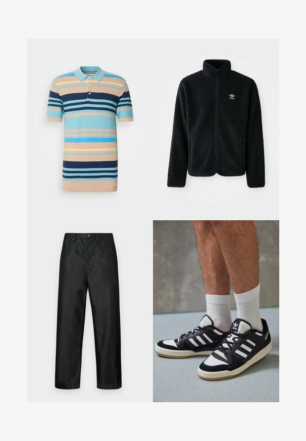 Must värviline fleecedee peasärk kõrge kraega, tõmblukuga esiosa ja esikotid. Omab tekstuuriga kangast ja väikest valget logo vasakul rinnal.; Triibuline polo särk, millel on helesinised, tumesinised ja beezid värvid, lühikesed varrukad, krae ja kahe nupuga plaat, valmistatud tekstuursetest kudumismaterjalidest.; Mustad püksid, millel on kerge läige, sirge säärega disain, kaks esitaskut ja peen logo vasaku ülakülje lähedal.; Mustvalged ja valged spordijalatsid, mille pealmine osa on valmistatud suede'ist ja nahast. Kingadel on kolm valget riba, auguline varvas ja kummist tald.