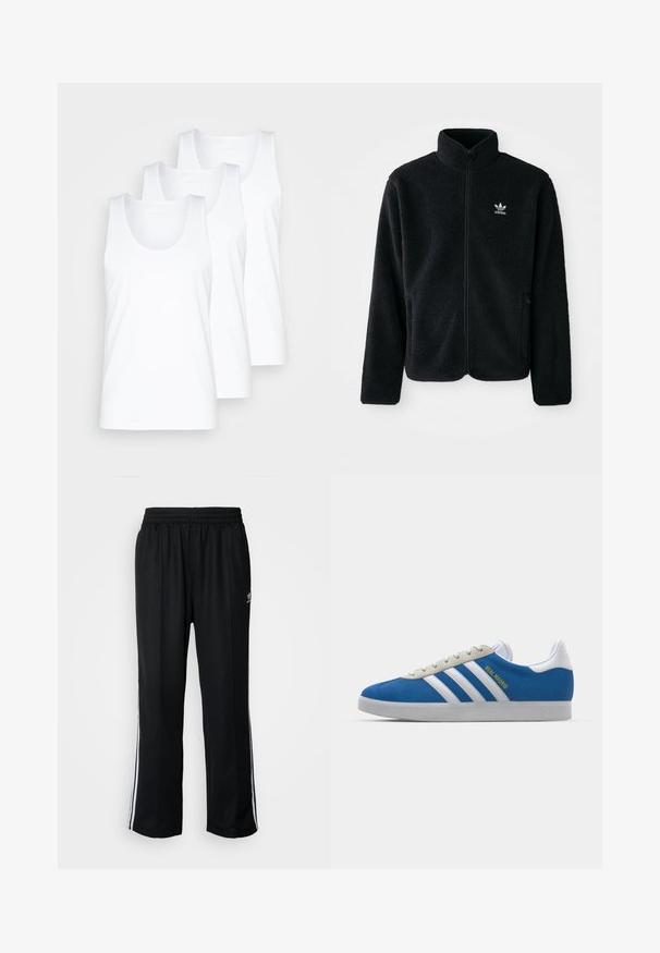Zwarte fleece jacket met hoge kraag, ritssluiting aan de voorkant en voorzakken. Kenmerkt zich door textuurstof en een klein wit logo op de linkerborst.; Drie witte katoenen tanktops met ronde hals en brede schouderbanden, gestapeld gepresenteerd, gladde textuur, eenvoudig ontwerp.; Zwarte sportbroeken met een elastische tailleband, voorzien van witte zijkanten en een klein logo. Het materiaal lijkt zacht en lichtgewicht te zijn.; adidas Originals ADIDAS GAZELLE SHOES - Zaalvoetbalschoenen - real madrid/bluebird/footwear white/crew yellow
