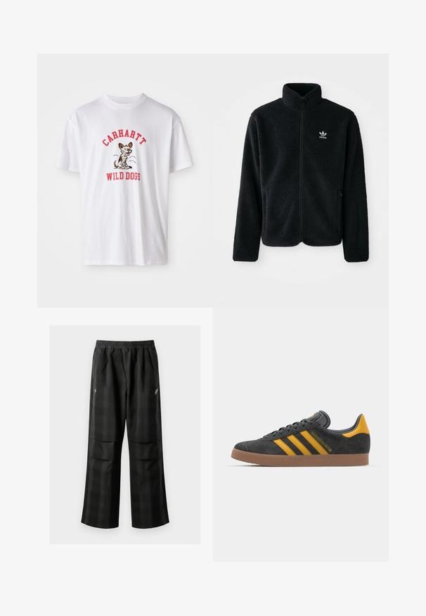 Must värviline fleecedee peasärk kõrge kraega, tõmblukuga esiosa ja esikotid. Omab tekstuuriga kangast ja väikest valget logo vasakul rinnal.; Valge puuvillane T-särk, millel on punased tikitud sõnad "CARHARTT WILD DOGS" ja karikatuurikoer kujutis ees. Lühikesed varrukad, ümmargune kaelus.; Mustas ruudulised püksid, millel on elastne vöökoht, kaks esimest taskut ja laiem lõige sirge jala disainiga. Valmistatud kergest materjalist.; Mustad sametist spordijalatsid kollaste aktsentidega, millel on kolm triipu ja pruun kummitald. Mugavuse tagamiseks on neil pehmendatud keele osa.