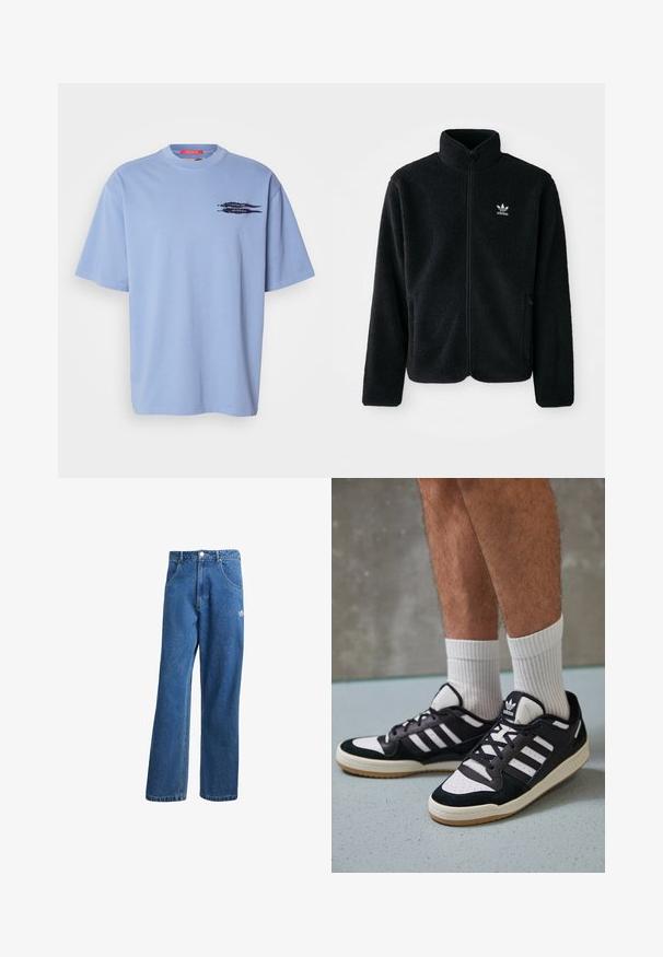 Black fleece jacket with high collar, zip front, and front pockets. Features textured fabric and small white logo on left chest.; Light blue short-sleeve t-shirt made of cotton. Features a crew neckline and a black graphic of arrows on the left chest area.; Blue high-waist wide-leg denim jeans with front pockets, belt loops, button closure, and small Adidas logo on the right thigh.; Black and white sneakers with a suede and leather upper, featuring three white stripes, a perforated toe, and a gum rubber sole.