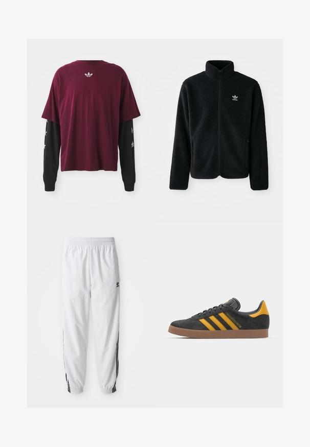 Casaco de fleece preto com gola alta, fecho de correr à frente e bolsos frontais. Apresenta um tecido texturizado e um pequeno logo branco no lado esquerdo do peito.; Camisa curta de manga em bordô sobre uma de manga longa preta, com um logo texturizado nas costas e padrões de estrelas nas mangas.; Calças de treino brancas com riscas laterais pretas, cintura elástica e punhos; apresenta o logotipo da Adidas na coxa esquerda. Textura de tecido suave.; Tenis em camurça preta com detalhes amarelos, apresentando três riscas e uma sola de borracha castanha. Inclui uma língua acolchoada para maior conforto.