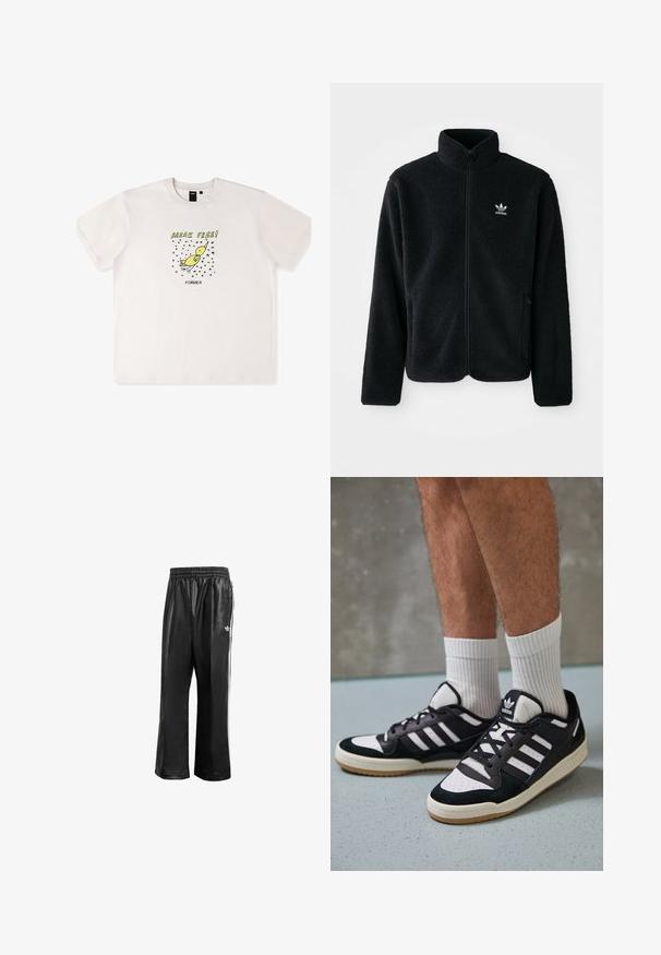 Casaco de fleece preto com gola alta, fecho de correr à frente e bolsos frontais. Apresenta um tecido texturizado e um pequeno logo branco no lado esquerdo do peito.; T-shirt de algodão branco com um gráfico de um pássaro amarelo e o texto "LIBERTE-SE!" em preto. Manga curta com um corte solto.; Calças de treino sintéticas pretas com um cós elástico, apresentando riscas laterais brancas e um pequeno logótipo branco no quadril esquerdo.; Ténis em preto e branco com upper em camurça e couro, apresentando três riscas brancas, um toe perfurado e uma sola em borracha de goma.