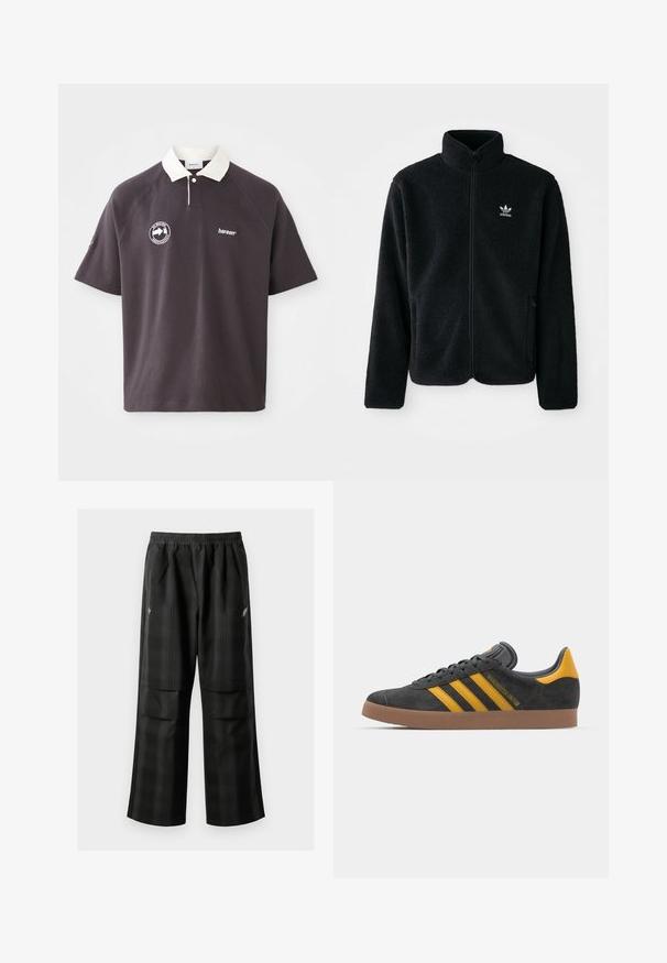 Fekete bolyhos dzseki magas gallérral, cipzáros elejével és elülső zsebeivel. Texturált anyaga és kis fehér logója van a bal mellen.; Sötétszürke pólóing fehér gallérral, hímzett logóval a mellrészen és rövid raglánujjakkal. Puha anyagból készült.; Fekete kockás nadrág, rugalmas derékkal, két elülső zsebbel és laza, egyenes szárú fazonnal. Könnyű anyagból készült.; Fekete velúrbőr sportcipő sárga díszítéssel, három csíkkal és barna gumitalppal. Párnázott nyelvével a kényelem érdekében.