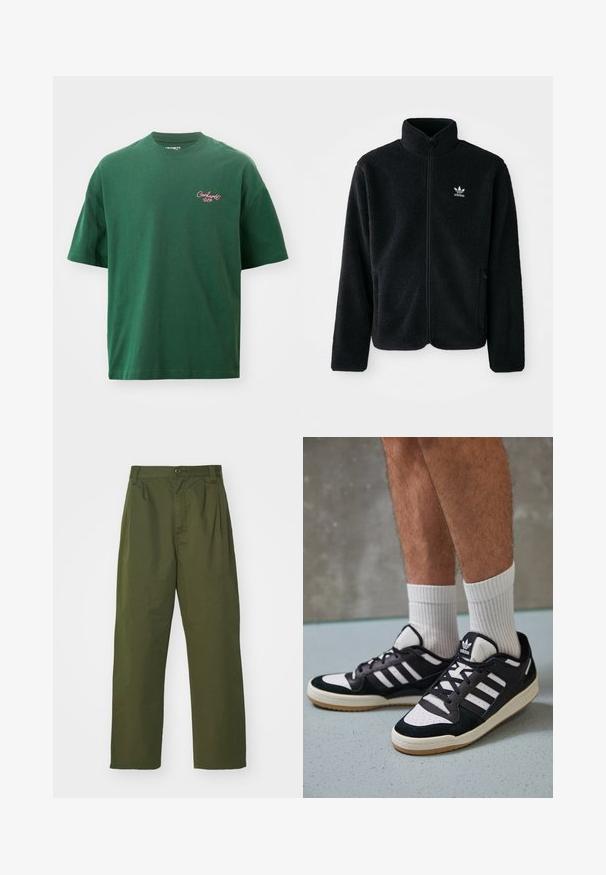 Black fleece jacket with high collar, zip front, and front pockets. Features textured fabric and small white logo on left chest.; Green short-sleeve t-shirt made of cotton. Features a round neckline and small pink "Carhartt WIP" logo on the left chest.; Olive green, high-waisted pants with a straight leg design. Made of a lightweight fabric, featuring front pleats and a button closure.; Black and white sneakers with a suede and leather upper, featuring three white stripes, a perforated toe, and a gum rubber sole.