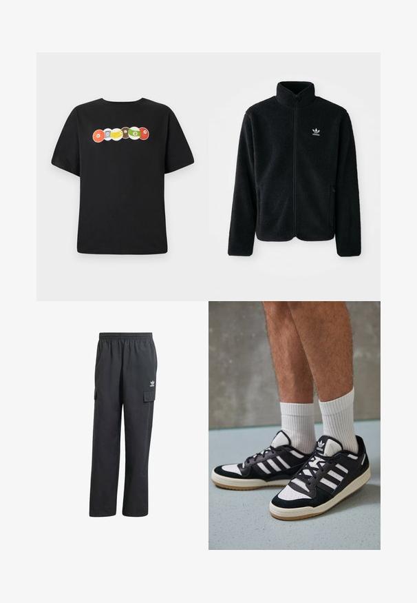 Sort fleecejakke med høj krave, lynlås foran og frontlommer. Har tekstureret stof og lille hvidt logo på venstre bryst.; Sort t-shirt med rund hals, prydet med et flerfarvet grafisk motiv af billiardkugler og ordet "VOLCOM" henover brystet.; Sorte cargo-bukser med elastisk talje, to sidelommer og et diskret logo på venstre lår. Fremstillet af et let materiale.; Sorte og hvide sneakers med en overdel i ruskind og læder, der har tre hvide striber, en perforeret tå og en sål i gummigummi.