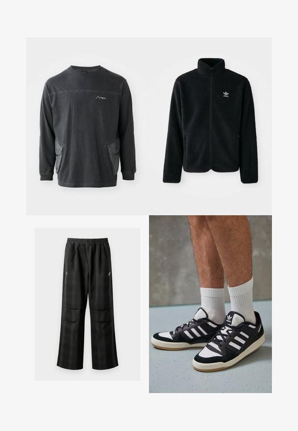 Melns flīsa mētelis ar augstu apkakli, ar rāvējslēdzēju priekšā un priekšējiem kabatām. Iezīmē ar teksturētu audumu un mazu baltu logo uz kreisā krūtīm.; Melnas garām piedurknēm krekls ar apaļu kaklu. Iekļauj divas sānu kabatas un kalnu grafiku uz krūšdaļas. Izgatavots no mīksta kokvilnas auduma.; Melnas kvadrātveida bikses ar elastīgu jostu, divām priekšējām kabatām un brīvu piegriezumu ar taisnām kājām. Izgatavotas no viegla materiāla.; Melnas un baltas kedas ar zamša un ādas augšdaļu, kas aprīkotas ar trim baltām svītrām, perforētu purngali un gumijas zolēm.