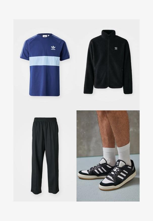 Juodas fliso džemperis su aukštu apykakle, užtrauktuku priekyje ir priekinėmis kišenėmis. Ypatybės: tekstūruota medžiaga ir mažas baltas logotipas kairėje krūtinės pusėje.; Tamsiai mėlyna marškinėliai su šviesiai mėlyna horizontalia juostele, trumpomis rankovėmis, apvaliu kaklu, Adidas logotipu krūtinėje ir kontrastingomis peties juostelėmis.; Juodi sportiniai kelnių modeliai su elastinga juosmena, pagaminti iš šiurkščios medžiagos, su subtiliomis šoninėmis siūlėmis ir laisva, tiesia koja.; Juodos ir baltos sportinės bateliai su zomšiniu ir odiniu viršumi, su trimis baltomis juostelėmis, perforuota koja ir guminėmis padais.